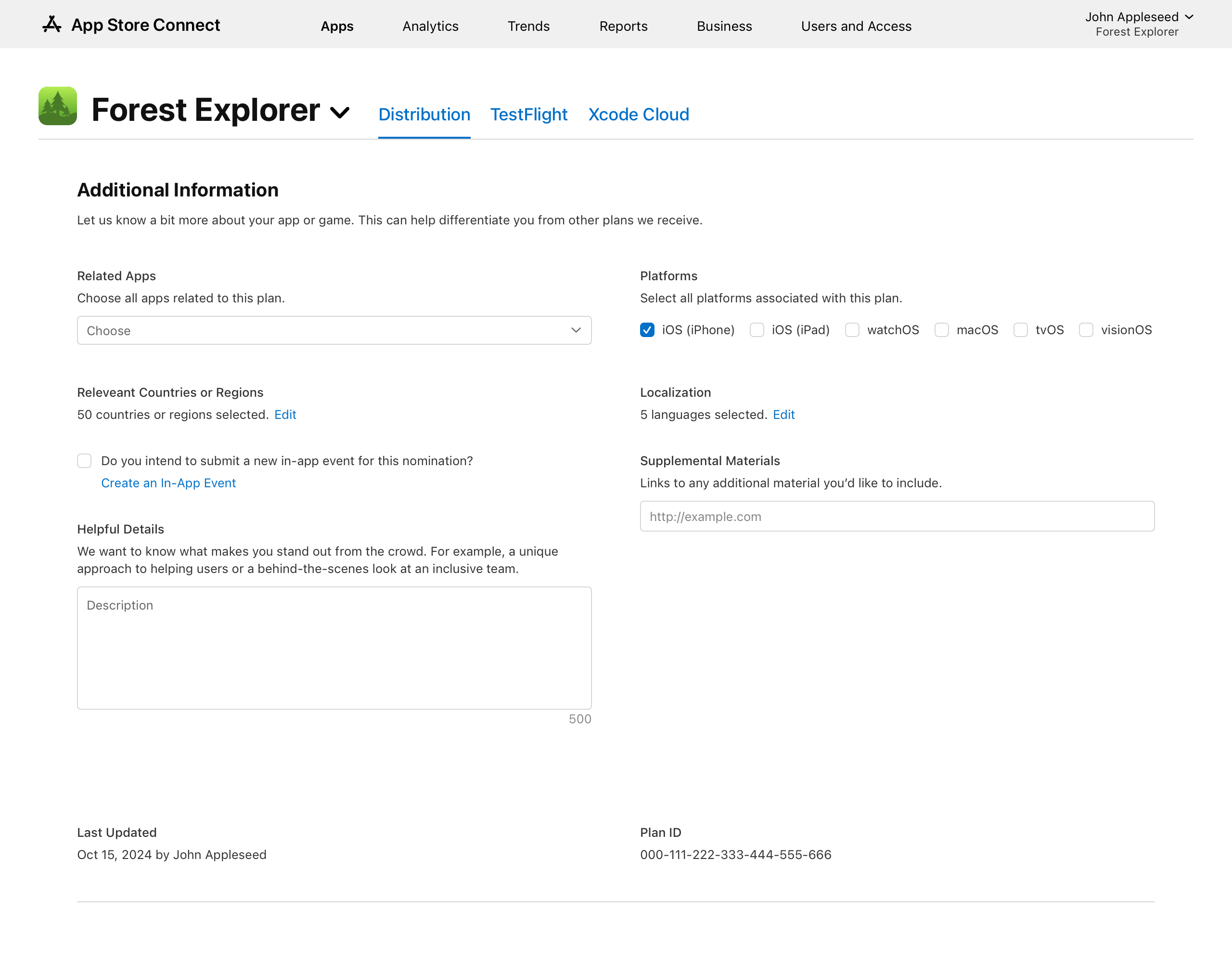Apple App Store Connect Featuring Nominations Additional Information page showing fields: Related Apps, Platforms, Relevant Countries or Regions, Localization, Supplemental Materials, Helpful Details.