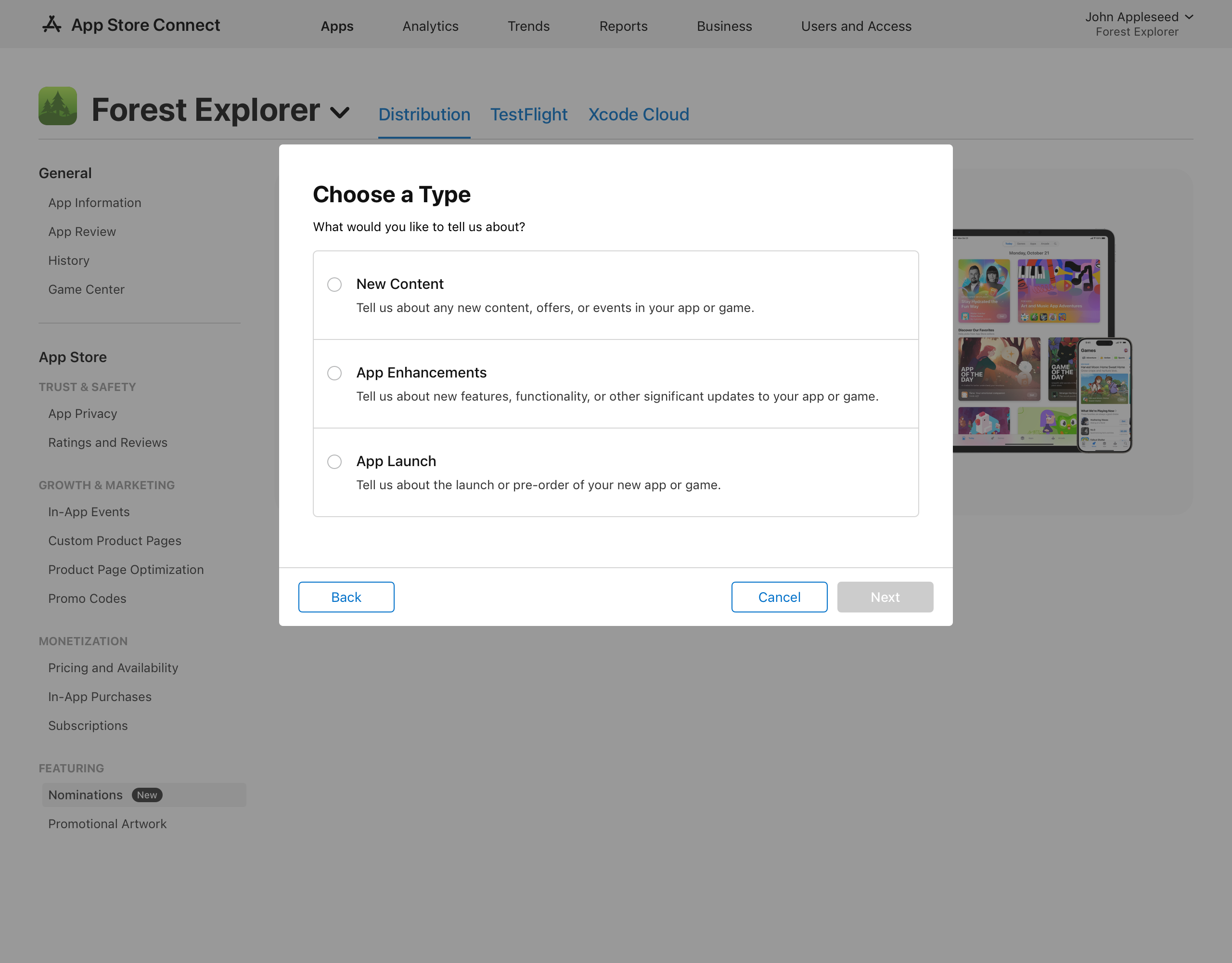 Apple App Store Connect Featuring Nominations type dialog. Three options: New Content, App Enhancements, App Launch.