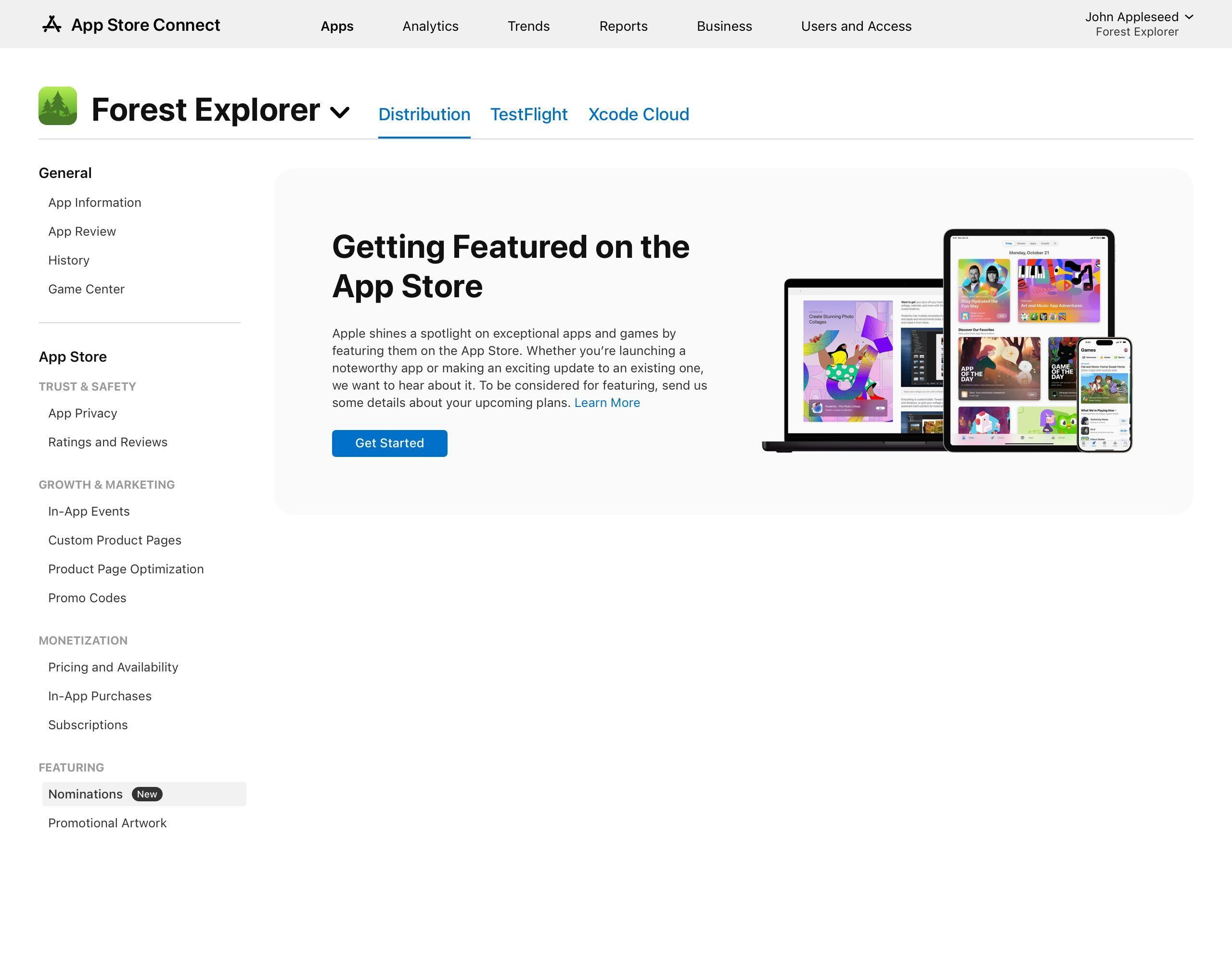 Real Apple App Store Connect screenshot. Left sidebar shows Featuring section selected, with Nominations highlighted. Main pane is titled Getting Featured on the App Store with editorial illustration and Get Started button.